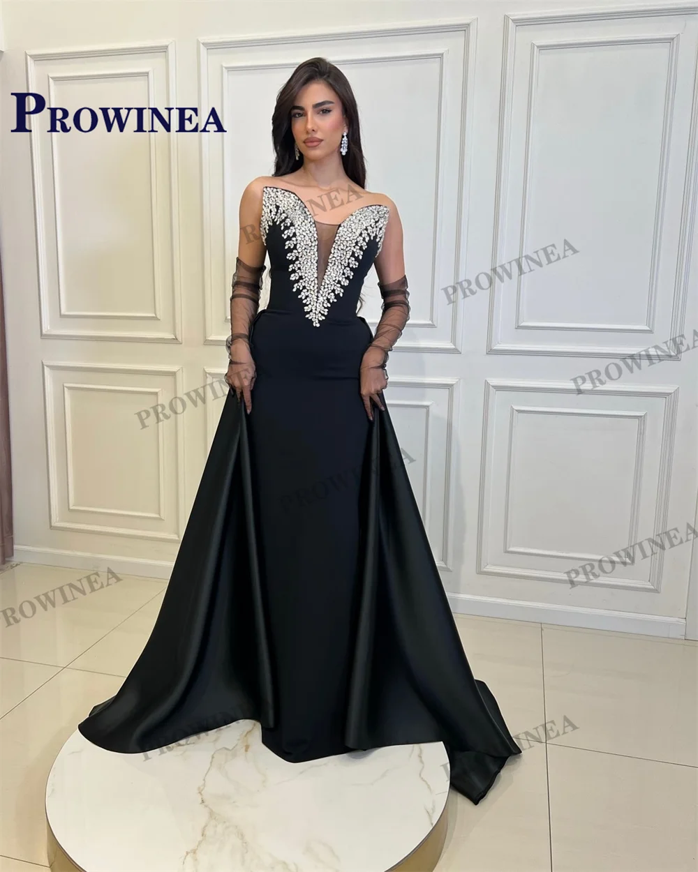 Womens dress Prowinea Vintage Celebrity Dress for Women Satin V Neck Rhinestones Sleeveless Sweep Train Robes de Soiree Made