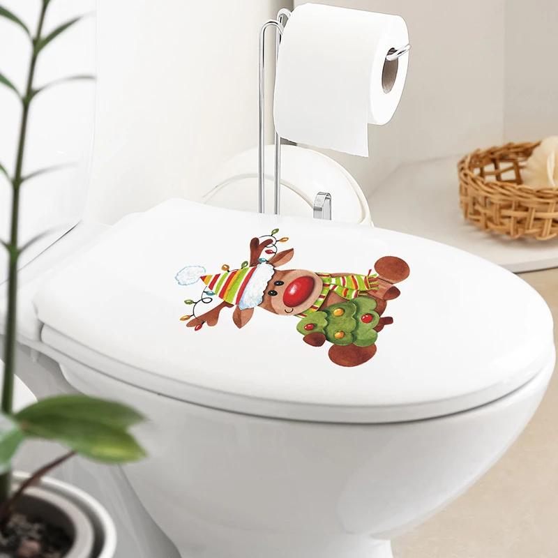 Christmas Toilet Sticker Cartoon Christmas Balls Holly Leaf Snowman Elk Wall Decals PVC Xmas Bathroom Commode Home Decoration vinyl stickers toilet stickers toilet wall stickers