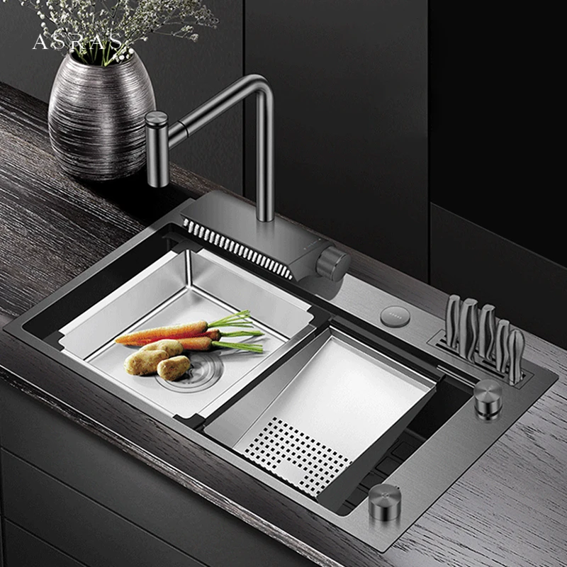 Nano Black Step Kitchen Sink SUS 304 Stainless Steel 4mm Thickness Handmade Above Mount Waterfall Faucet Kitchen Sinks