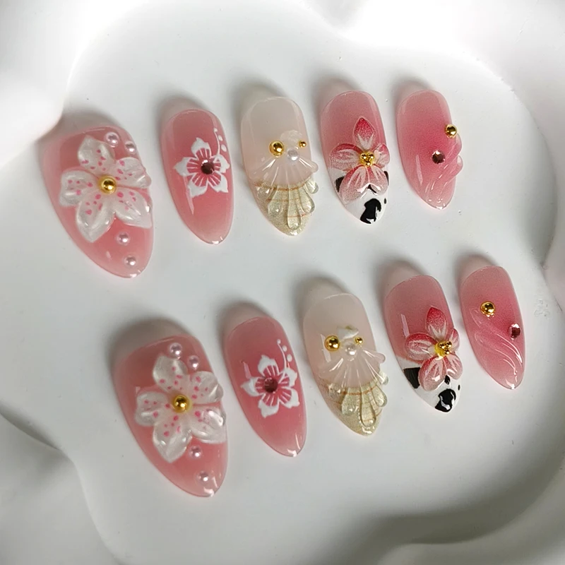 10 Stück 3D-Blumen mit Perlen, kurze, mandelförmige, tragbare Nagelkunst, hochwertige Leopardenmuster, französische Nagelaufkleber, Press-on-Nägel – Detail 5