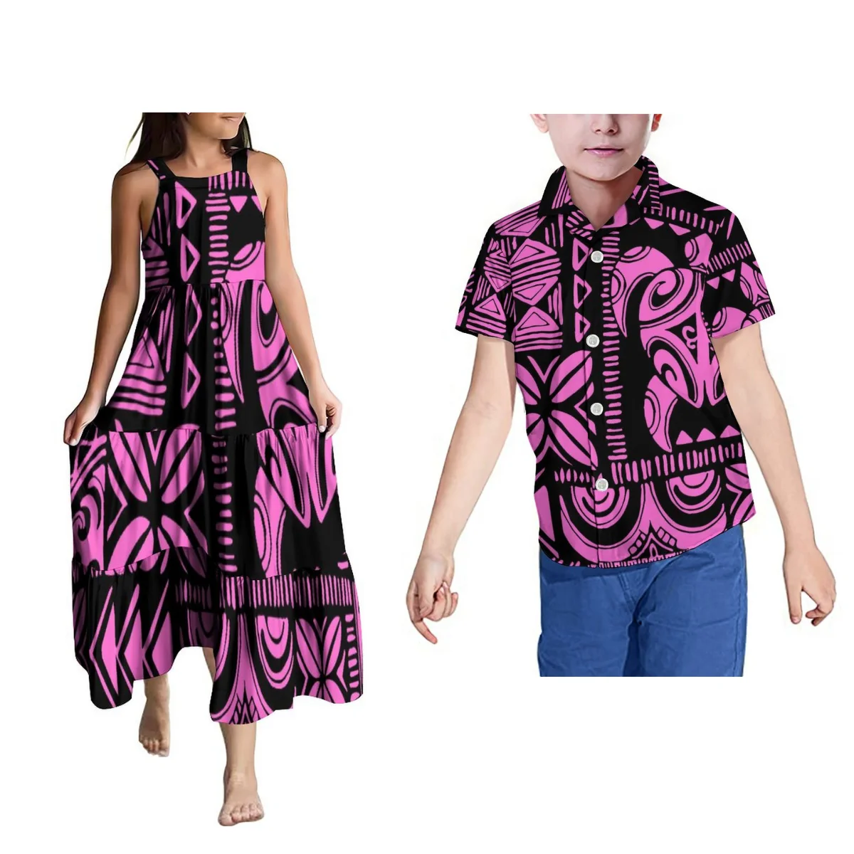 Samoan Tribal Girls Halter Long Dress Polynesian Boys Top Printed Shirt samoan-tribal-girls-halter-long-dress-polynesian-boys-top-printed-shirt