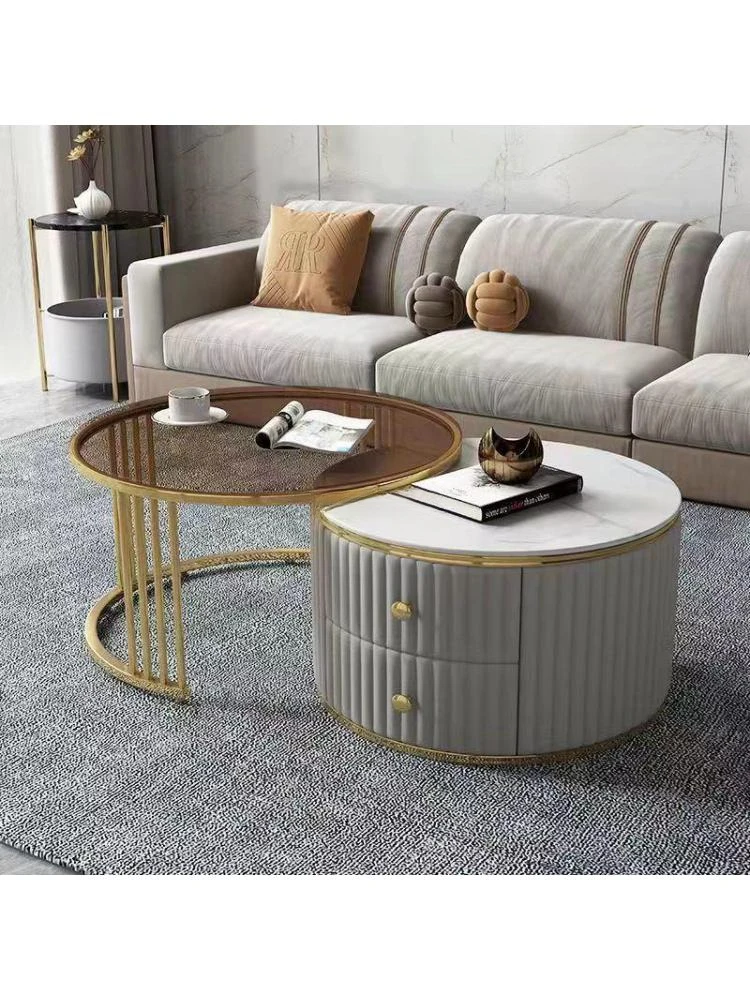 

Nordic Set Table Slate Coffee Table Modern Dining Apartment Round Coffee Table With Drawer Console Glass Luxury Furniture