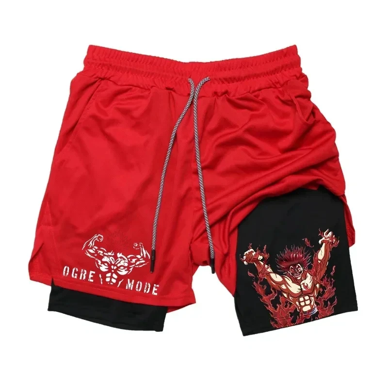 Men's Fashion Anime Printed Sports Shorts 2 in 1 Running Training Fitness Shorts Summer Outdoor Fitness Sports Pants M-3XL 2