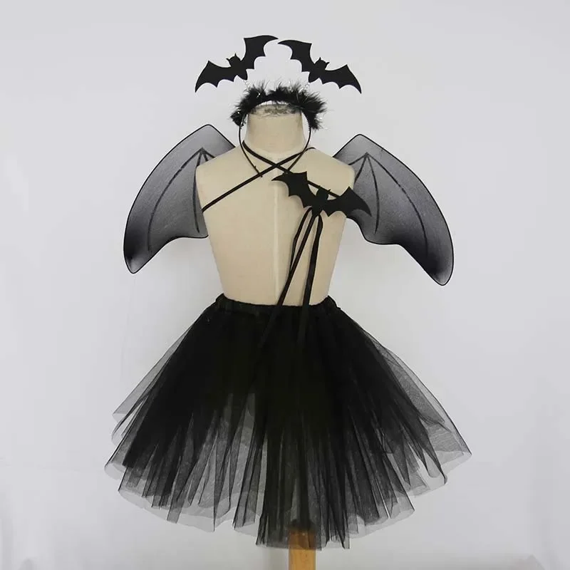 

Dress Up Girl Kids Skirt Bat Wings Black Angel Devil Party Queen Headband Wands Cosplay Halloween Costume