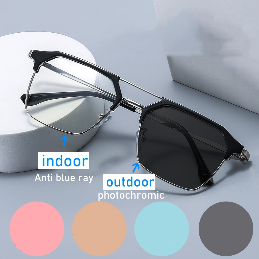 

Blue Light Blocking Photochromic Glasses Vintage Double Deam Outdoor Myopia Sunglasses Optical Prescription Short-sight Goggle