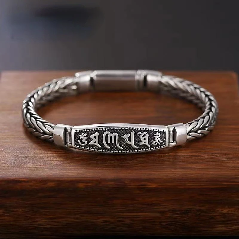 

Wholesale S925 Silver Bracelet Men's Six-Character Mantra Woven Thai Silver Ladies Retro Vintage Jewelry Bangle Birthday Gift