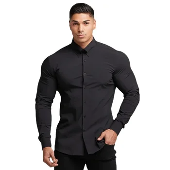 Primavera autunno moda camicia a maniche lunghe uomo solido Casual Slim Fit Social Business camicia da uomo palestra Fitness abbigliamento sportivo 1