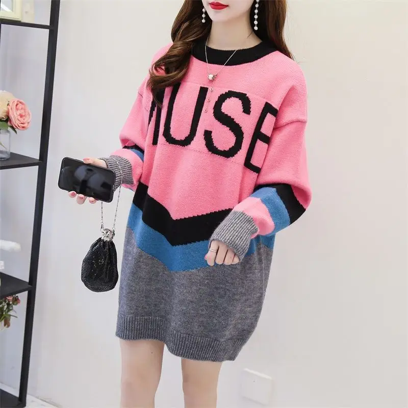 

Fashion O-Neck Knitted Letter Loose Casual Sweaters Female Clothing 2023 Autumn Winter Oversized Korean Pullovers All-match Tops