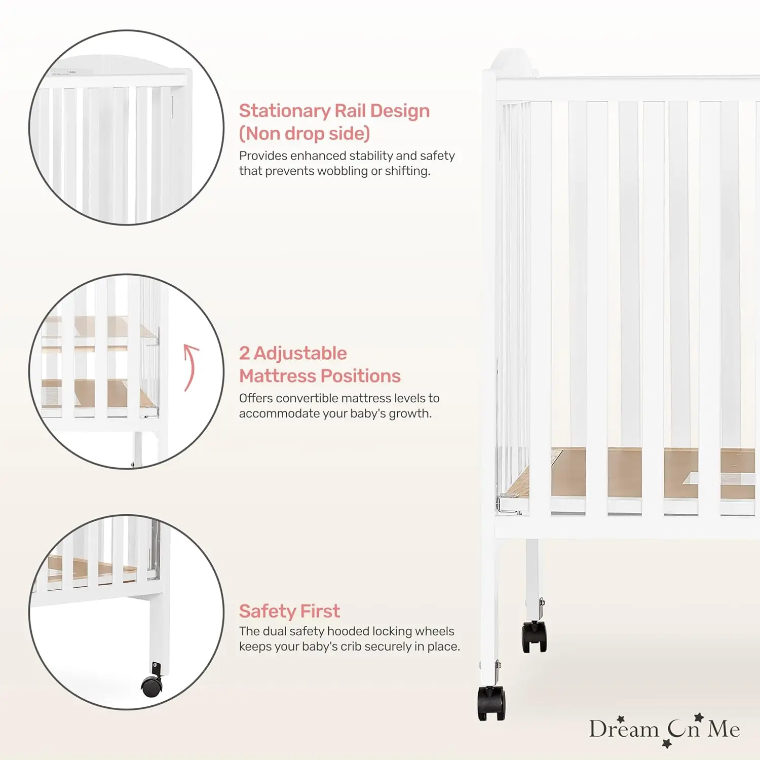 Full Size 2-in-1 Folding Stationary Side Crib In White, Locking Wheels, Folds Flat For Storage, Comes with Teething Guard
