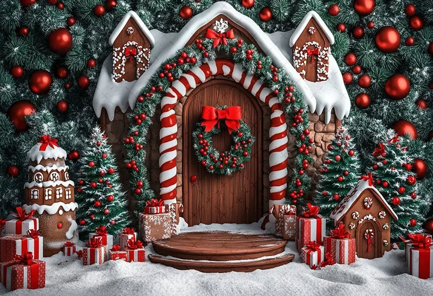 CRTPOD 9x6ft Winter Pink Gingerbread House Backdrop For Photoshoot Snow Forest Background For Photography Cute Gingerbread Man Snowman Family Holiday Party Banner Kids Baby Wall Decor - View #4