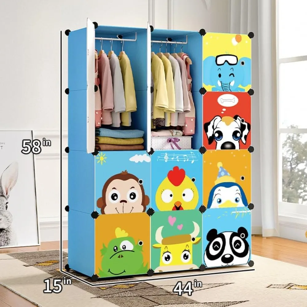 Kids Closet,Baby Wardrobe Closet with Door,Cute Portable Armoire Dresser,Clothes Hanging Storage Rack for Boy Bedroom 2