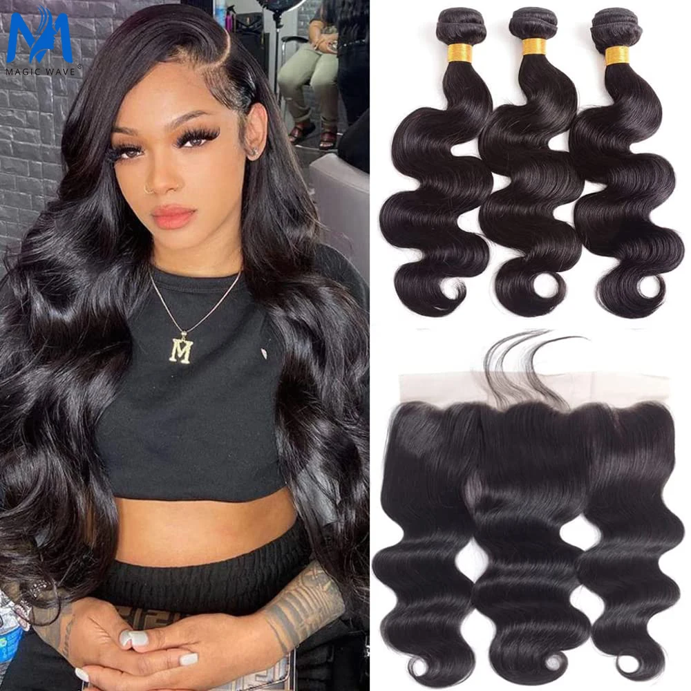 

30 32 40 Inches Body Wave Bundles with Frontal Brazilian 3/4 Bundles with Frontal Closure 13x4 Swiss Lace Frontal Hair Bundles