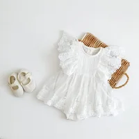 2025 Summer Baby Girls Romper Cotton Lace Ruffle Embroidery Flying Sleeve Mesh Princess Toddler Girl Dress Infant Girls Bodysuit 2