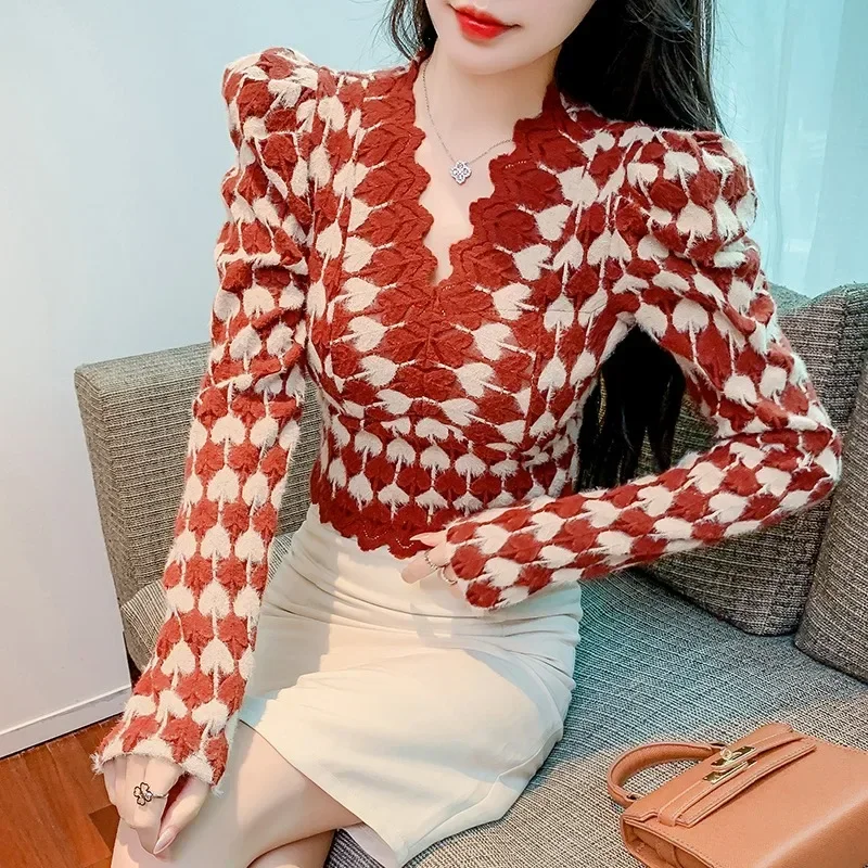 

Casual V-neck Puff Long Sleeve Lace Shirt Autumn Love Printed Slim Bottoming Blouse Fashion Hook Flower Hollow Office Tops 29911