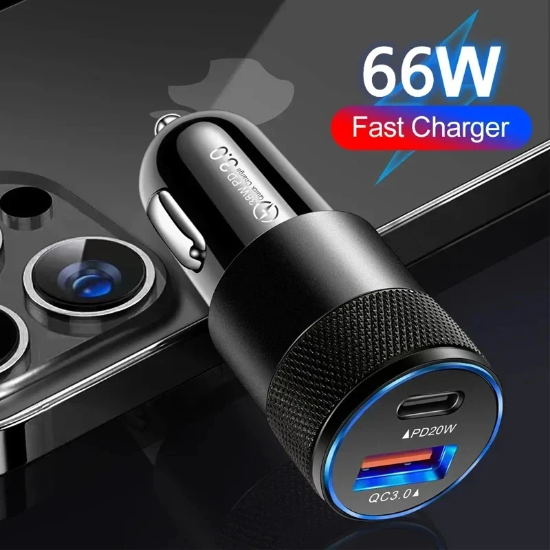 Caricatore USB per auto a 2 porte Mini 66W USB+PD in lega di alluminio Tipo C Ricarica rapida in auto Adattatore USB-C per iPhone Samsung Huawei Xiaomi