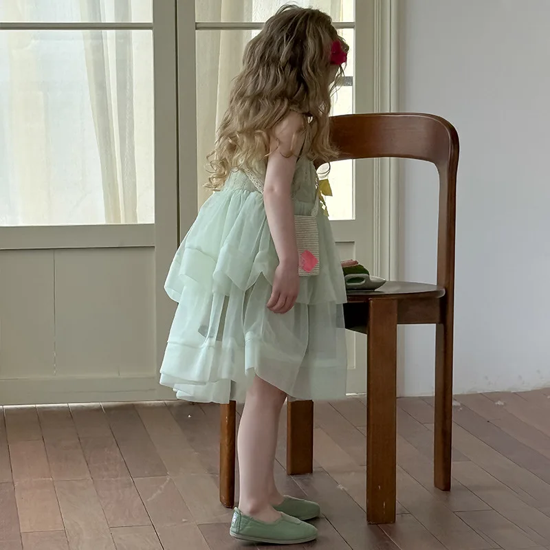 Summer Baby Girl Mint Green Layered Tulle Princess Dress Lace Bodice Birthday Outfit Summer Toddler Party Gown Vest Dress