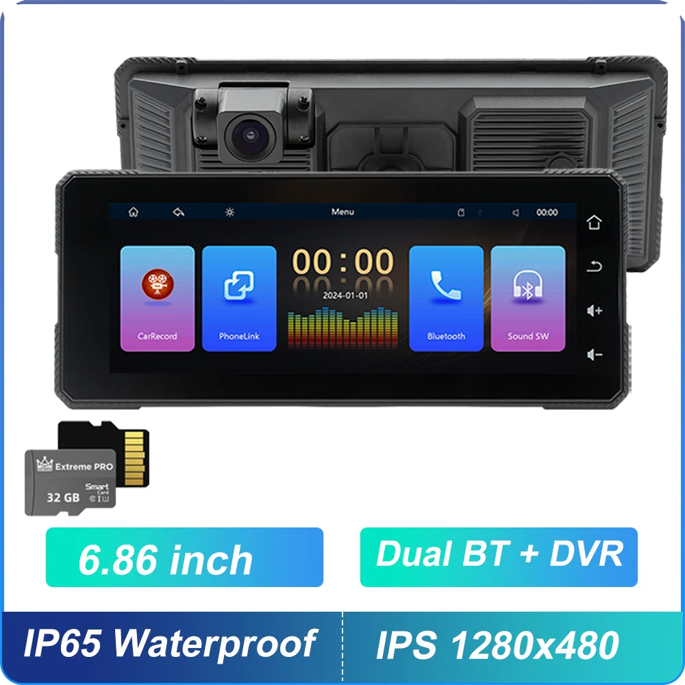 thumbnail image 1 of BQCC 6.86'' Reproductor portátil inalámbrico para motocicleta Carplay Android Auto con doble BT DVR IP65 a prueba de agua Multimedia Radio inteligente para automóvil, 1 of 5