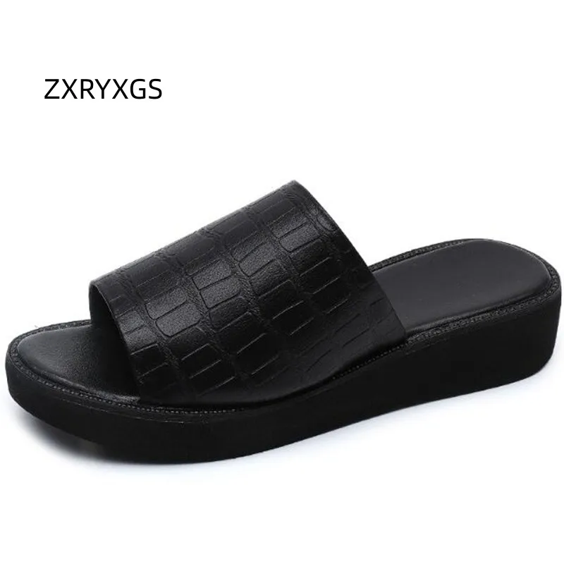 

ZXRYXGS Popular 2023 Superior Cowhide Summer Leather Slipper Outdoor Wear Flat Thick Sole Wedges Sandals Women Casual Large Size