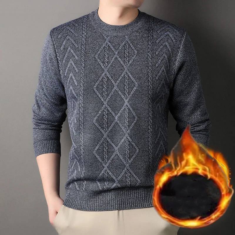 Autumn Winter Men Fleece Thicken Warm Long Sleeve Sweater Fashion Business Casual Versatile Loose Bottoming Knit Pullovers Top