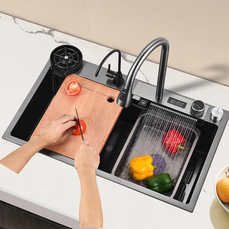 Kitchen Accessories Kitchen Sink Kitchen Sink Faucet Set YCRAYS Digital Display Nano Kitchen Sink Large Single Bowl SUS304 Waterfall Faucet Cup Washer Purified Tap Soap Dispenser