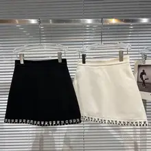

2022 Spring Women Mini Skirt New Fashion Square Rhinestone Hem A- Line Casual All-Match Skirts Office Lades White Black