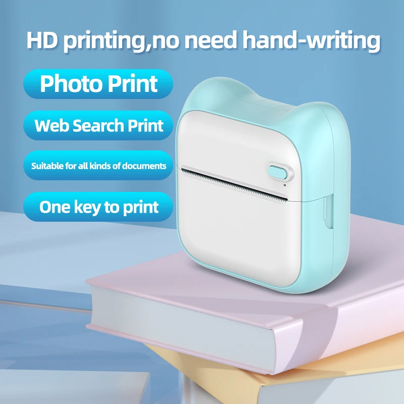 Portable Mini Pocket Printer BT Thermal Printer with Thermal Printing Paper  USB Cable for Note Photo Document Printing Blue 