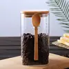 Japanese Style Square Glass Sealed Storage Jar with Wooden Spoon Seasoning Box Coffee Bean Cans Household Milk Powder Tea Cans