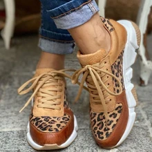 Plus Size 36-44 New Thick-soled Round Toe Low-top Leopard Print Women's Singles Cross-large Stitching Lace-up Sneakers 2022