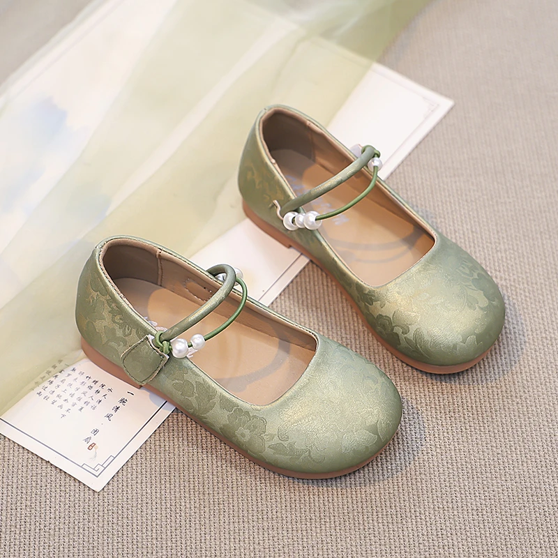 Leather Girls Ballet Flats with Beaded Soft Sole