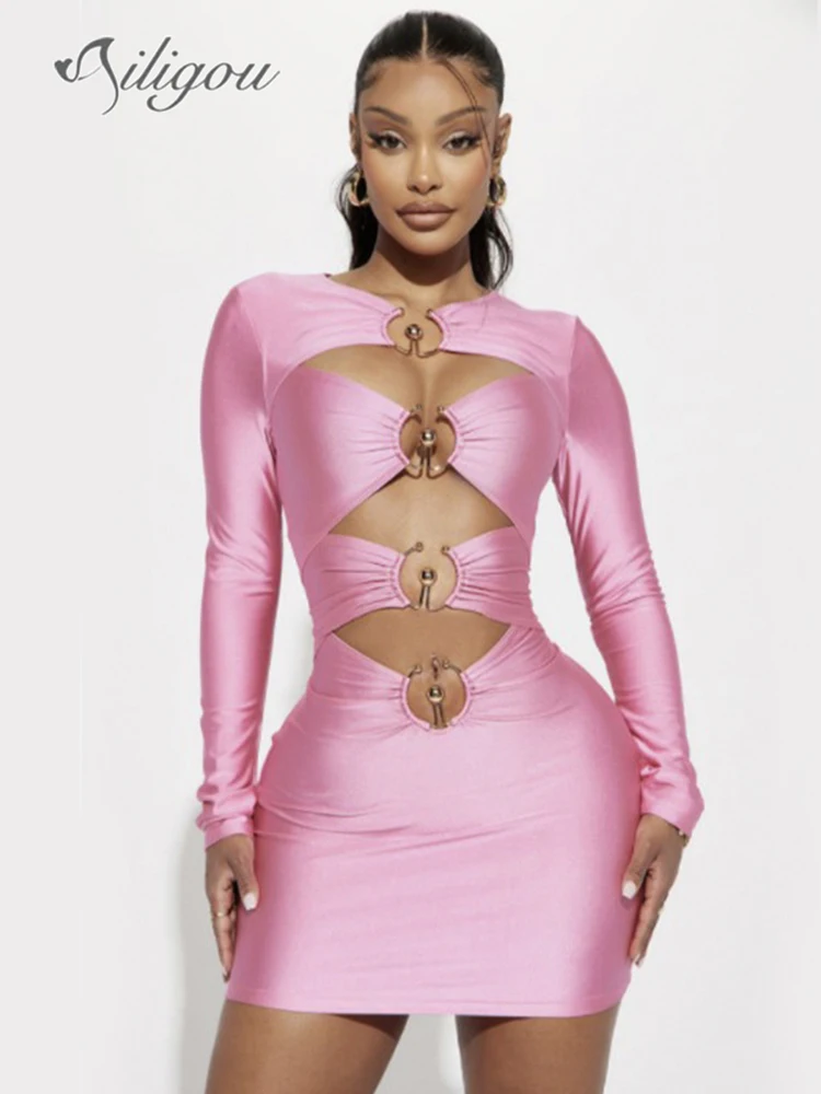 

Ailigou 2023 New Women's Solid Color Mini Tight Bandage Dress Long Sleeve Hollow Metal Loop Design Party Club Dress Vestidos