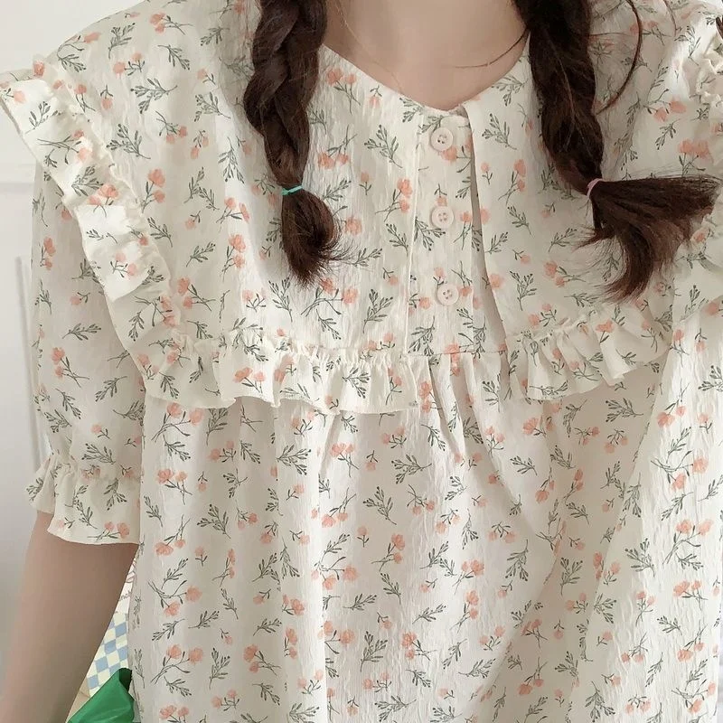 Summer Nightgowns for Women Short Sleeve Floral Nightdress Sweet Dress for Sleeping Korea Sleepshirt Pajamas Loose Home Clothes