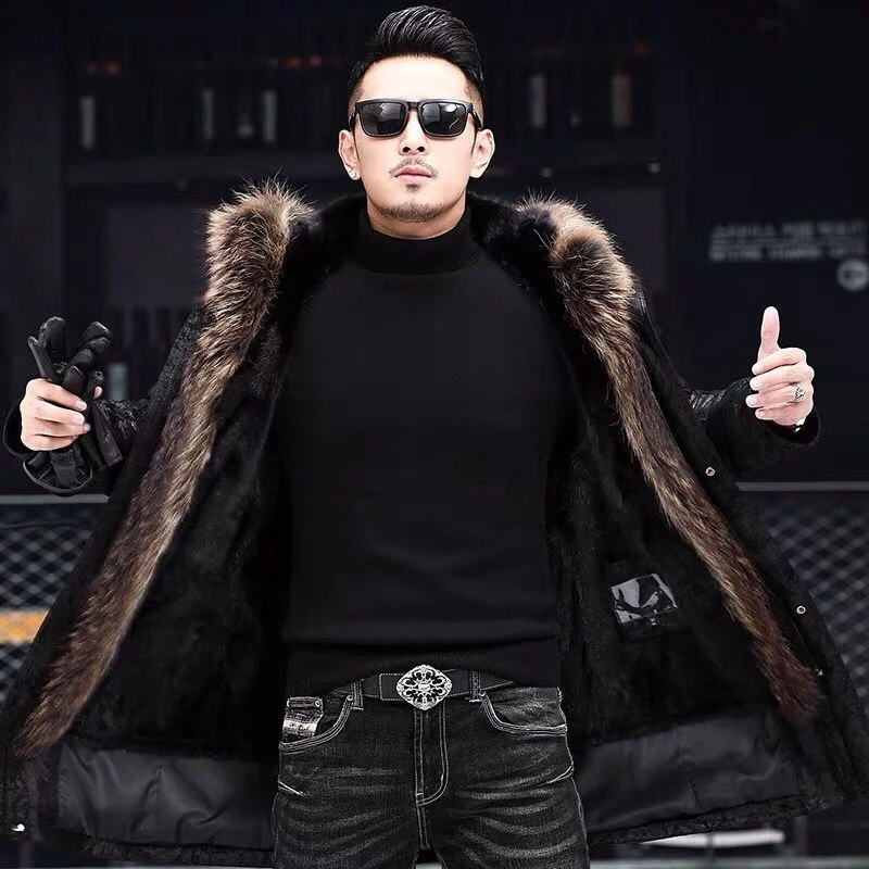 2022 겨울 유행 남자 기모 양털 라이너 재킷, 우아한 럭셔리 고품질 남성 롱 코트 패션 모피 후드 의류