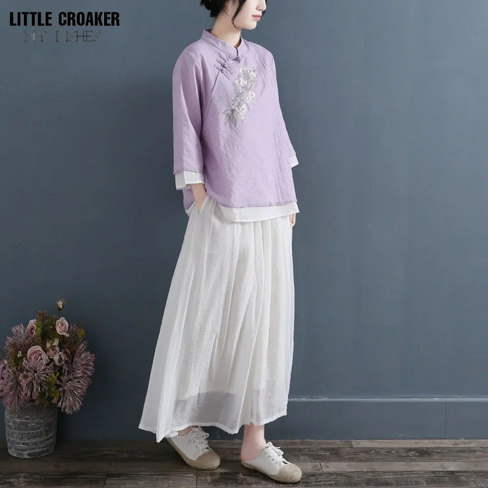 Autumn Double Layers Ladies Cotton Linen Shirt Blouse Chinese Traditional Women's Formal Tang Costume Pink Green White Hanfu Top