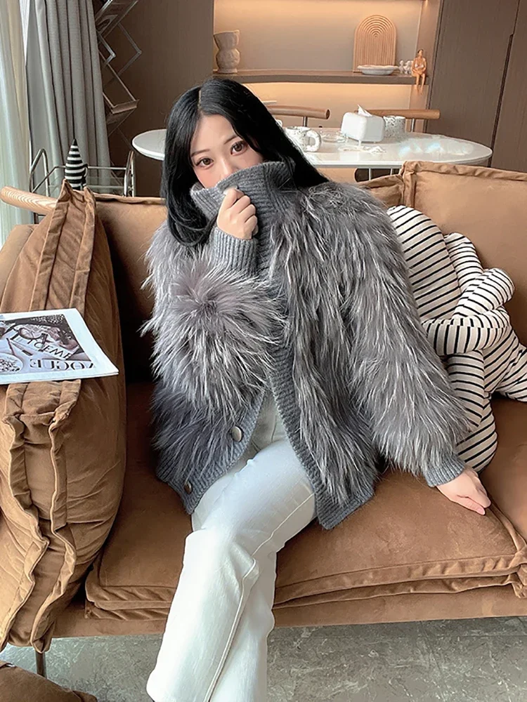 Autumn and Winter Real Fur Coat Female Young Fashion Medium Long Raccoon Fox Fur Jackets 2023 Knitted Thick Warm Women's Clothes