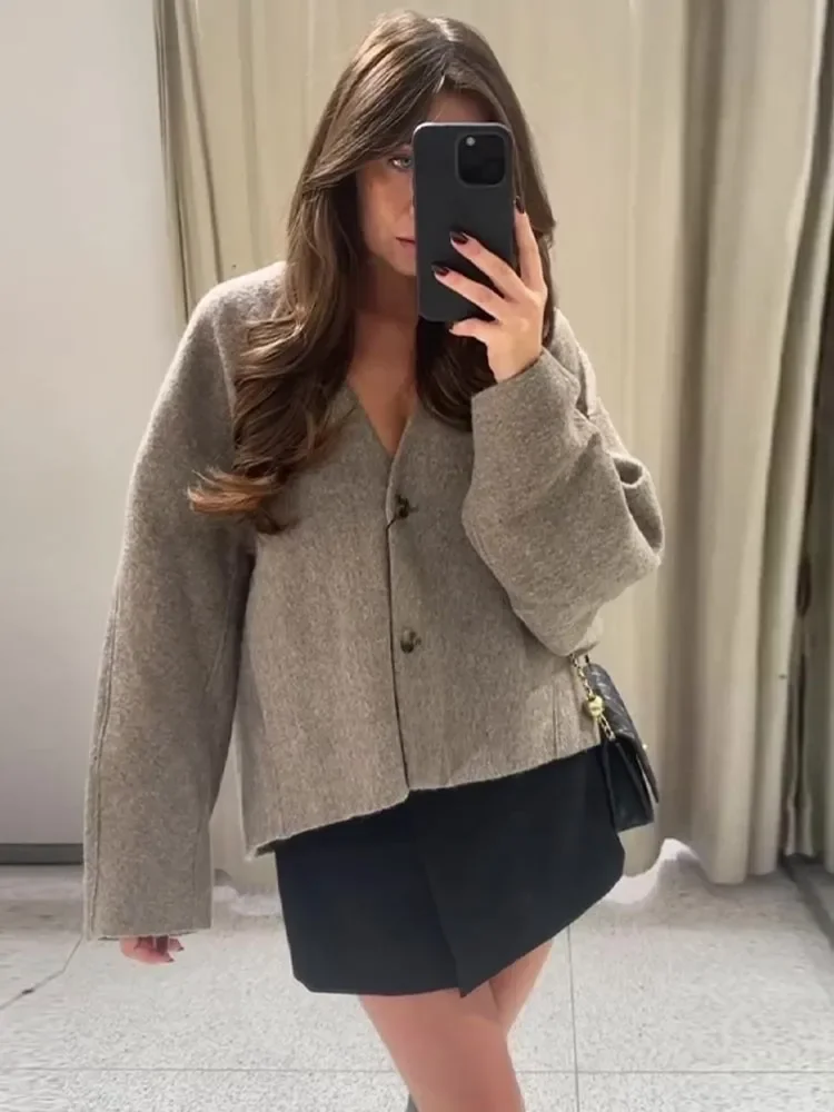 Elegant Straight Cut Wool Jacket Women Fashion V Neck Single Breasted Short Coat 2025 Autumn Chic Lady Office Street Outerwear 3