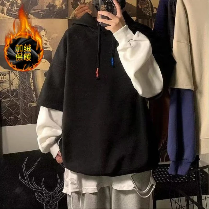 Winter Round Neck Long Sleeve Fashion Sweatshirts Man High Street Casual Loose Pullovers Fake Two Pieces Thick Drawstring Hoodie 2