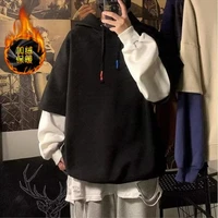 Winter Round Neck Long Sleeve Fashion Sweatshirts Man High Street Casual Loose Pullovers Fake Two Pieces Thick Drawstring Hoodie 2