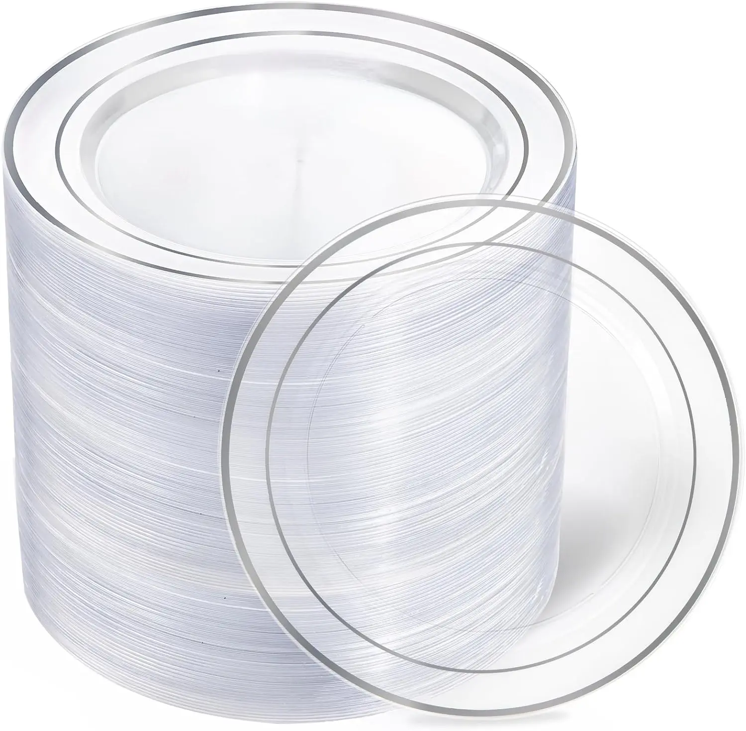 100PCS Clear Silver Plastic Plates, Clear Plates With Silver Rim 10 Inch, Dinner Plates Fancy