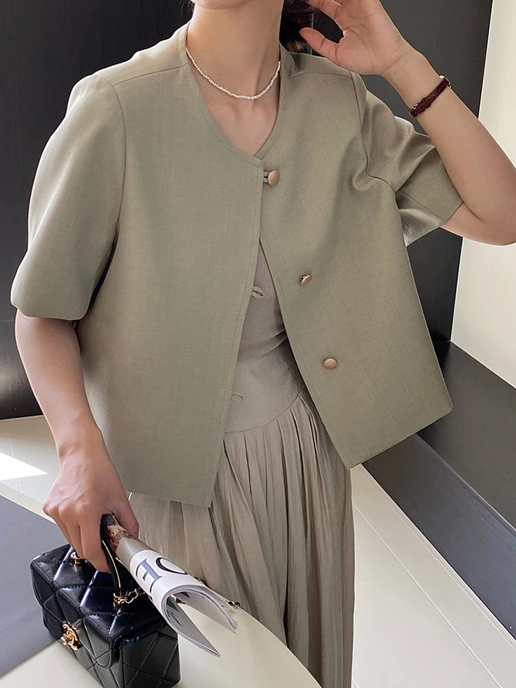 [LANMREM] Minimalism Short Sleeve Blazers For Women Round Neck Single Breasted Office Lady Loose Jackets 2024 Summer New 26D9145