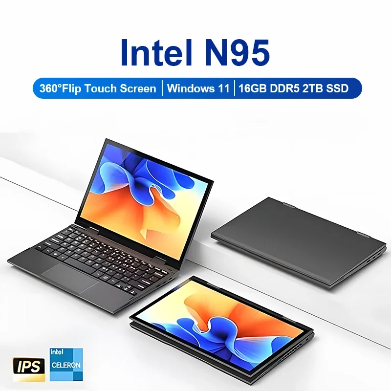 2 in 1 10.95 Inch 360&deg; Flip Notebook Laptop Intel N95 Windows 11 Pro 16GB DDR5 2TB SSD Metal Mini Office Gaming