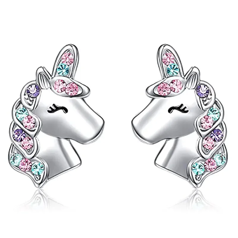 Stud Earrings Cute Unicorn Stud Earrings for Little Girl Kids Crystal Cat Butterfly Rainbow Heart Star Earring Christmas Gift Jewelry