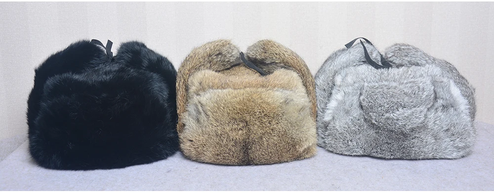 Thick Warm Hat Men Real Rabbit Fur Earflap Trapper Russian Cap - Main Image