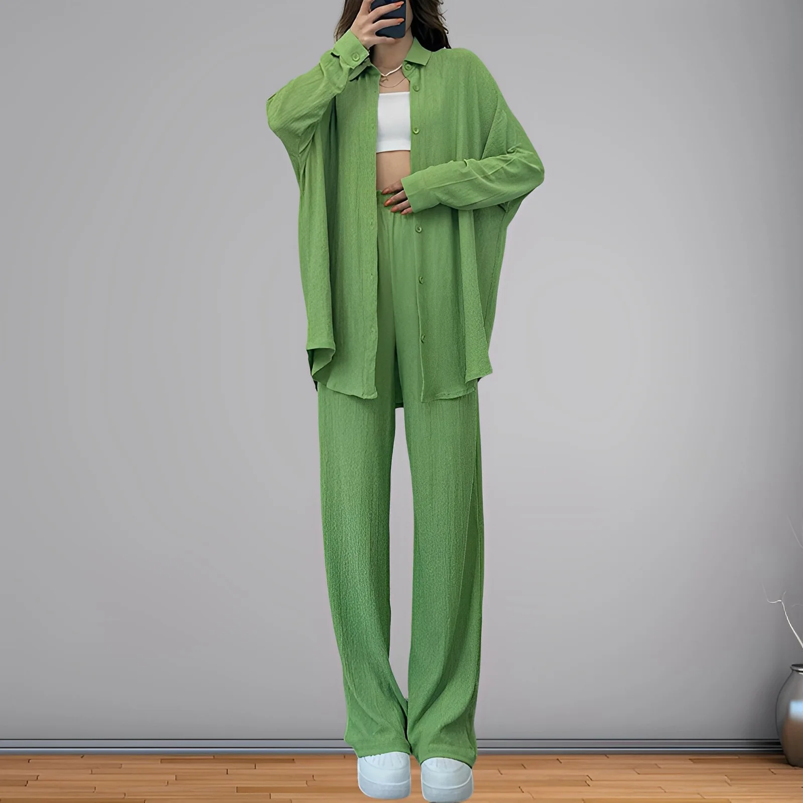European and American women's summer temperament, solid color long-sleeved shirt, jacket, wide-leg pants, casual two-piece suit