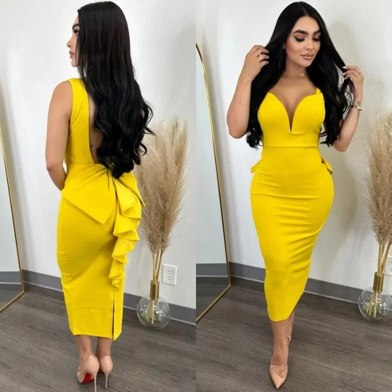 

2023 Sexy Autumn Dresses for Women Plunge Ruffle Hem Backless Party Bodycon Dress Vestidos De Mujer Casual Midi Robe Female