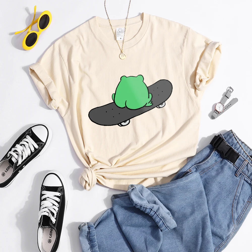 Frog On Skateboard Back View Metal T Shirt Women Summer Casual Tshirt Fashion Street Crop Top Hip Hop Personality Tshirt Womens