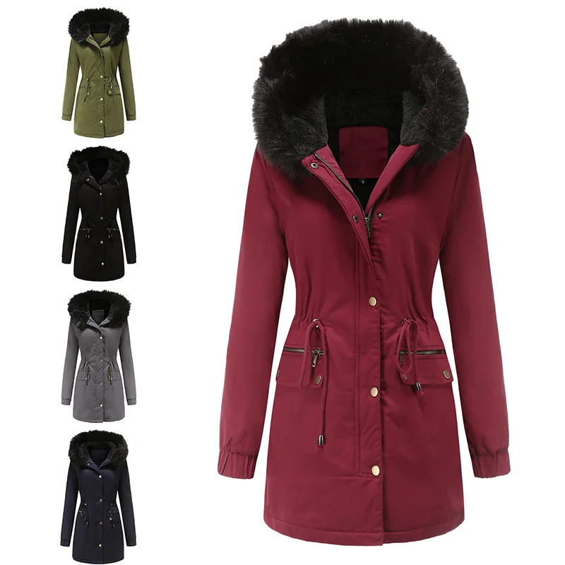 

2024 Winter Women's Trendy Waist Collection Mid length Cotton Coat with Large Wool Collar Hooded Bright Face Fashion Warm Coats