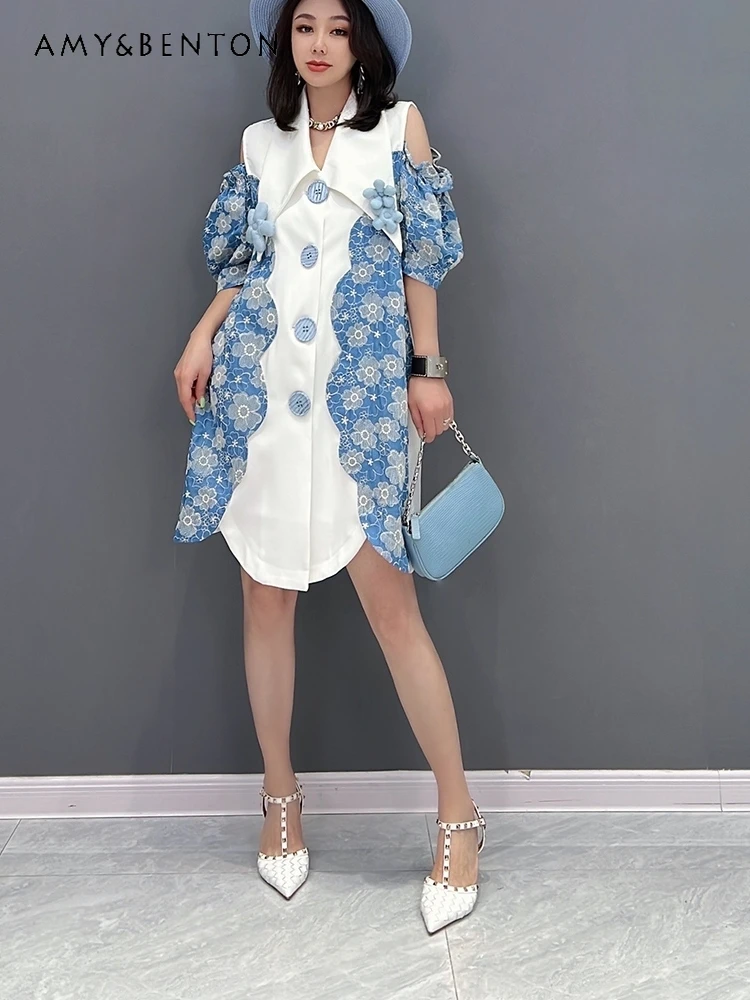 

2024 Spring New Sweet Strapless Denim Stitching Dress Korean Fashion Three-Dimensional Flower Single-Breasted Dress Mini Dress