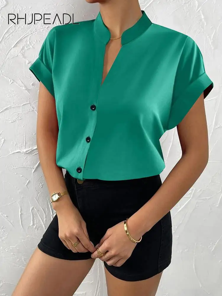 

Women Summer Short Sleeve Loose Shirts Casual V-neck Button Solid Color Blouses Tops New 2023 Elegant Office Ladies Shirt