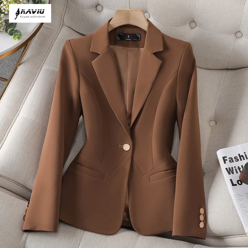 

NAVIU Coffee High End Casual Women 2023 New Spring Autumn Temperament Slim Jacket Office Ladies Work Coat Tops Beige