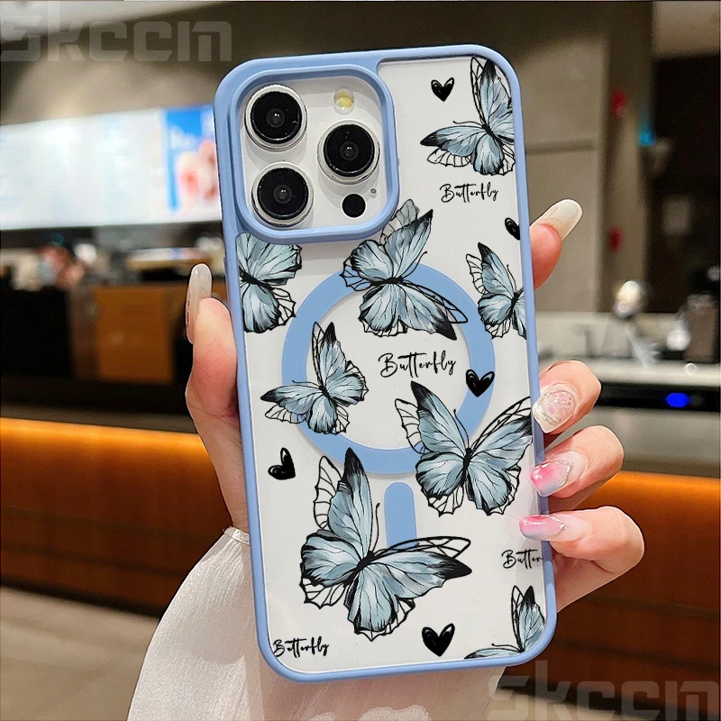 Butterfly Magnetic Transparent Phone Case with Matte Wireless Charging Cover